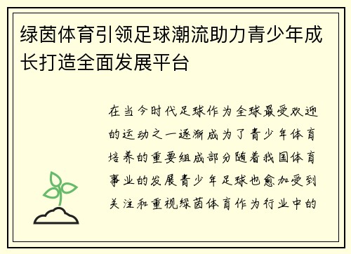 绿茵体育引领足球潮流助力青少年成长打造全面发展平台
