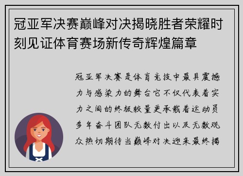 冠亚军决赛巅峰对决揭晓胜者荣耀时刻见证体育赛场新传奇辉煌篇章